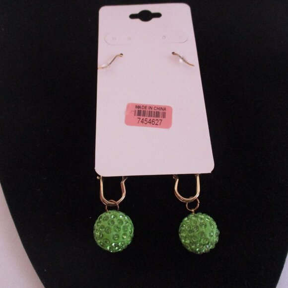 Pin Hook Earrings Green Pave Balls GOLDTONE Free Gift Box - Picture 2 of 3